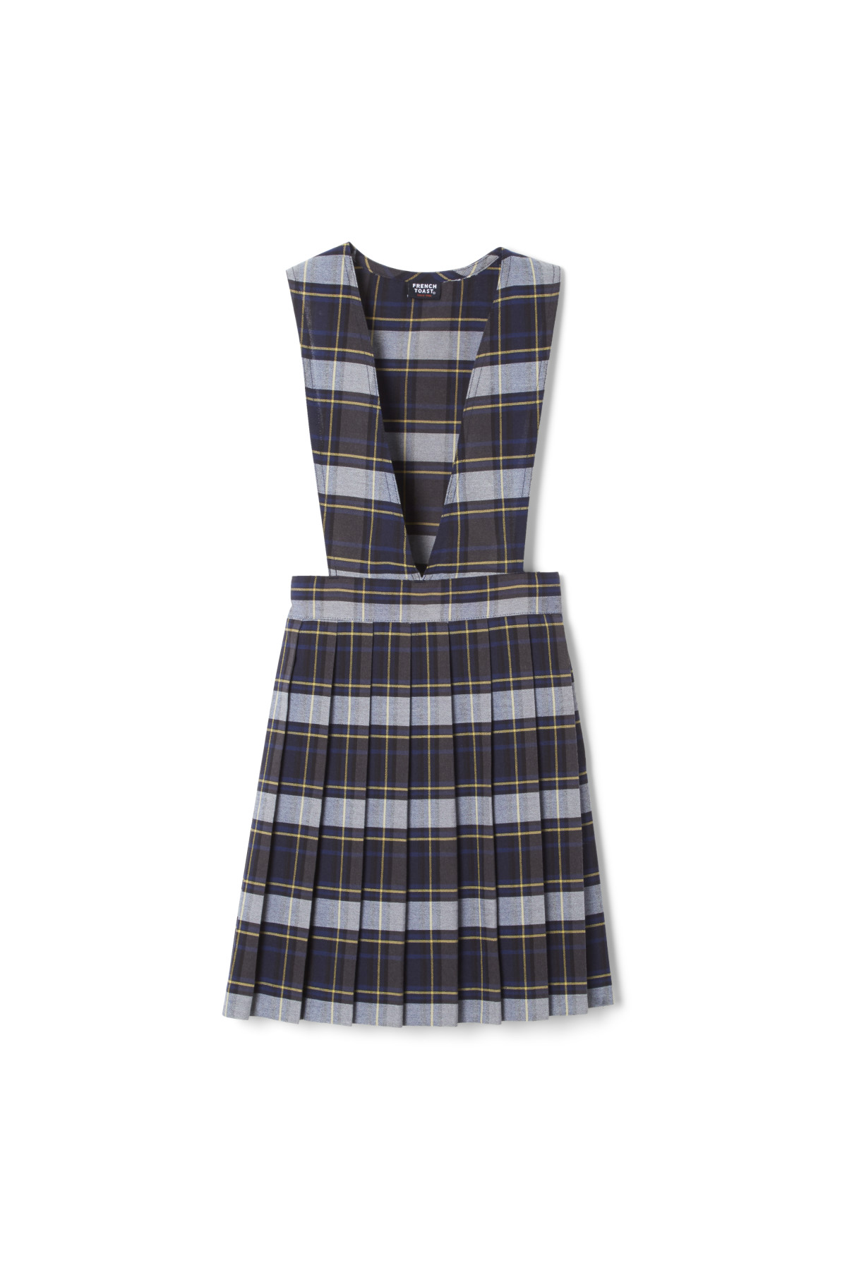 Pleated Plaid Blue-Gold V-Neck Pinafore